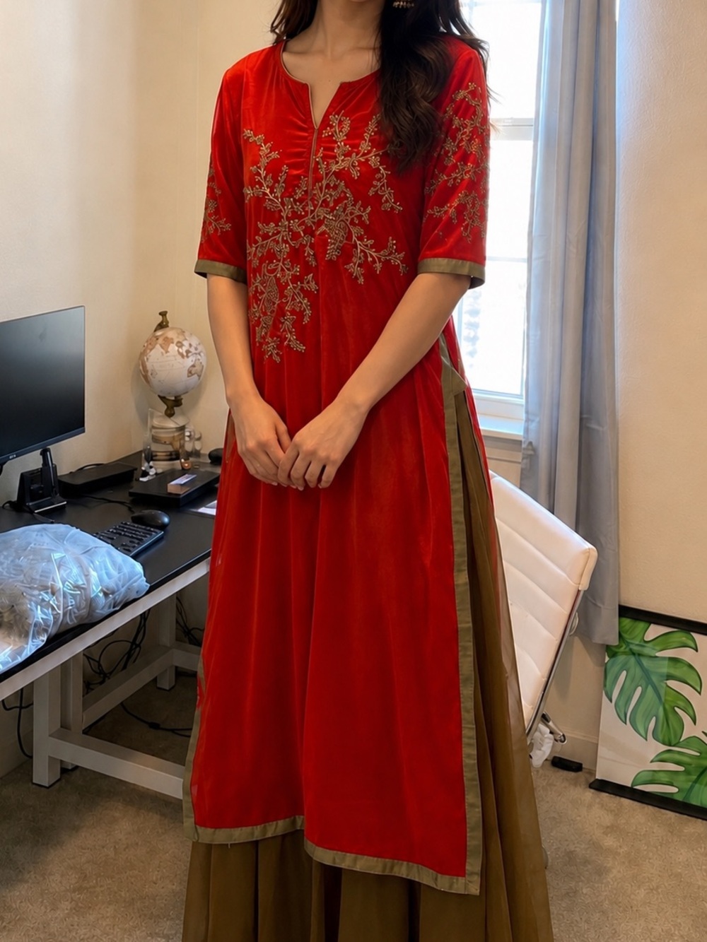 Red Embroidered Long Sleeve Women's Dress